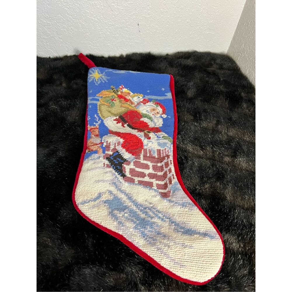 Vintage Christmas‎  Needlepoint Stocking Santa Christmas  toys